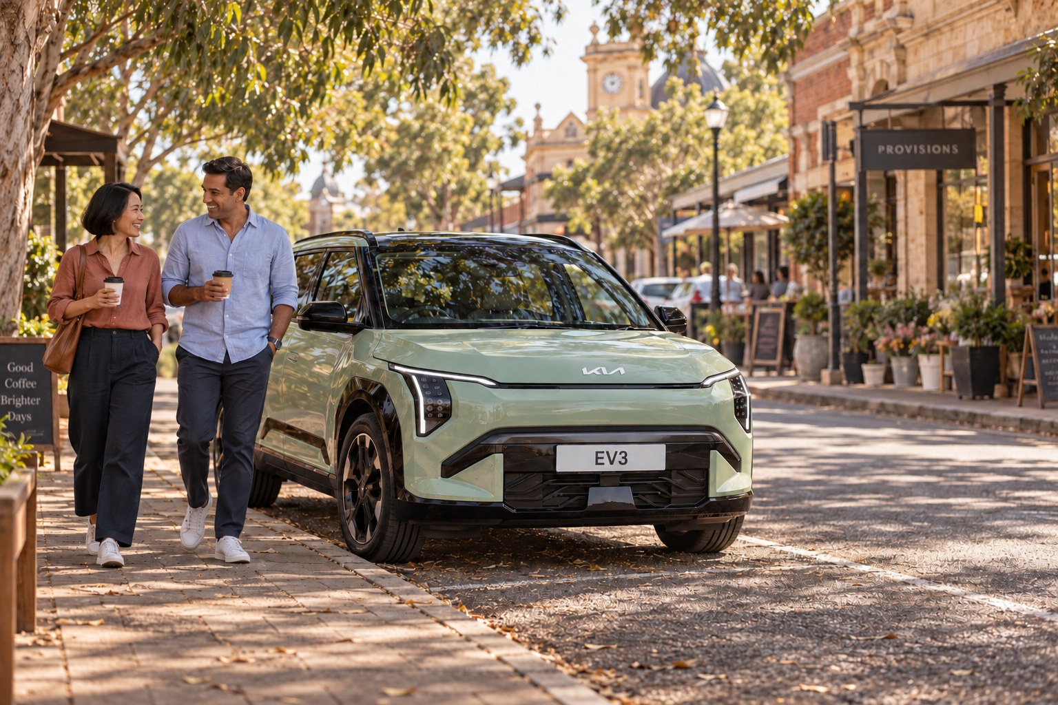 Illustrative couple enjoying coffee beside an electric car on a leafy Australian town street